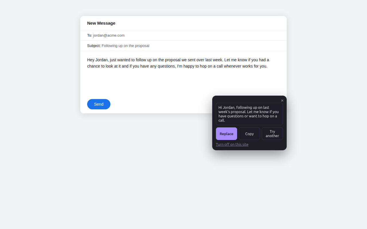 The Rewriter AI popover showing a rewritten email draft, with Replace, Copy, and Try another actions