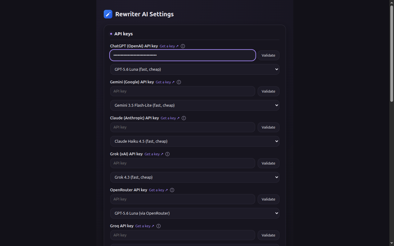 The Rewriter AI settings page listing API key fields and default models for all seven providers